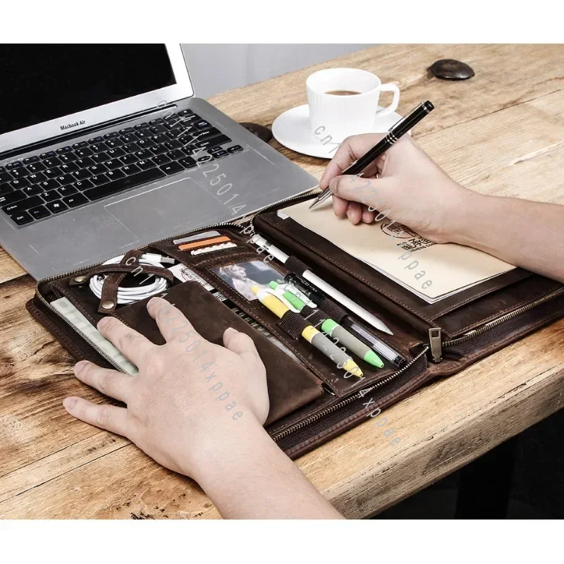 Tablet Tech Accessories - アクセサリー レザー製タブレット収納バッグ iPad用 ペンホルダー付き データケーブル 電話オーガナイザー